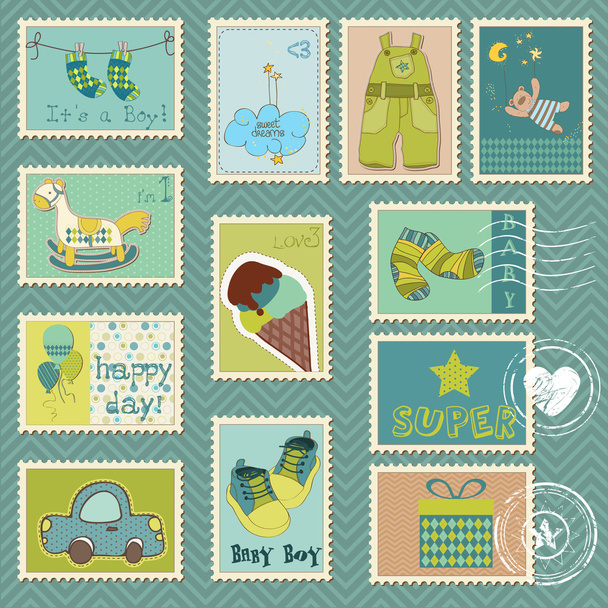 Baby Boy Postage Stamps - Vettoriali, immagini