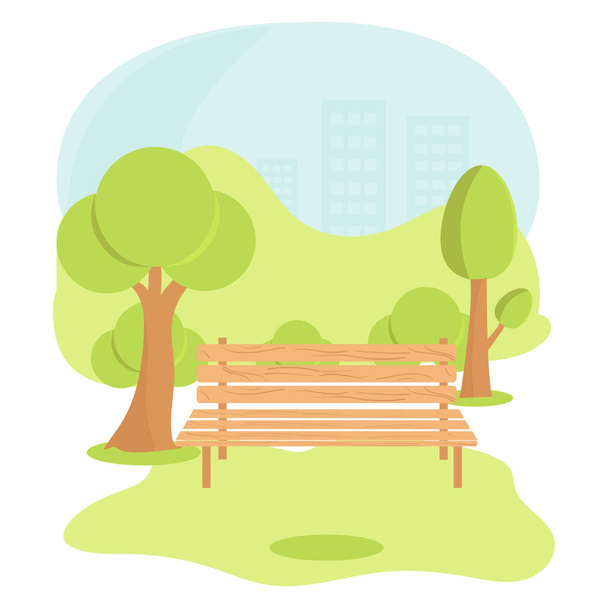 City recreation Park. Trees, sky grass bench - Вектор,изображение