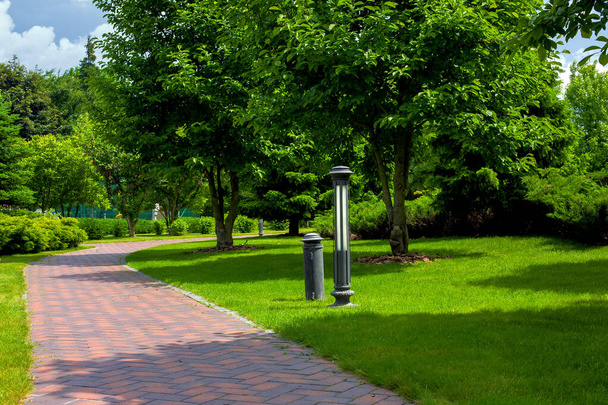 lantern iron ground garden lighting of a walkway paved with stone tiles in the park among green plants, bushes and trees with mulching surrounded by a green lawn on a sunny summer day, nobody. - 写真・画像