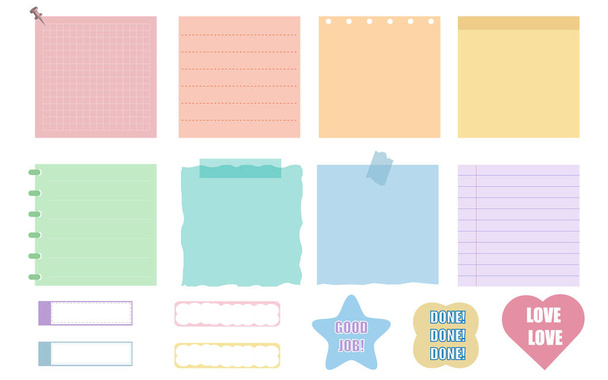 collection set of the soft color pastel memo, notepad, torn paper, sticky note, reminder, planner. simple and printable - Vektör, Görsel