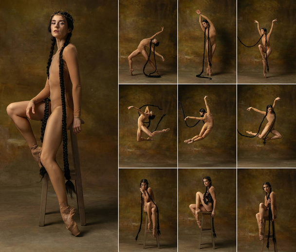 Collage of portrait of beautiful woman, ballerina dancing and posing isolated over dark vintage backgound - 写真・画像