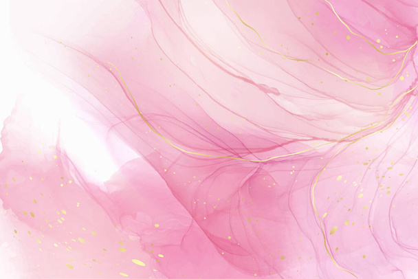 Rosa fondo acquerello liquido rosa con puntini d'oro. Polvere arrossire marmo alcool inchiostro effetto di disegno. Modello di disegno illustrazione vettoriale per invito a nozze, menu, rsvp - Vettoriali, immagini