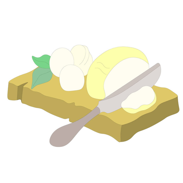 Le fette di mozzarella sono tagliate con coltello di metallo su asse di legno. tre palline di formaggio con foglie di basilico. Prodotti lattiero-caseari. - Vettoriali, immagini