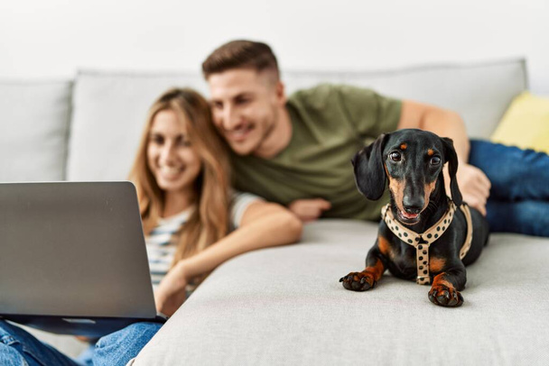 若いですヒスパニックカップル笑顔幸せな使用してノートパソコン座っていますザソファに犬とともにホーム. - 写真・画像