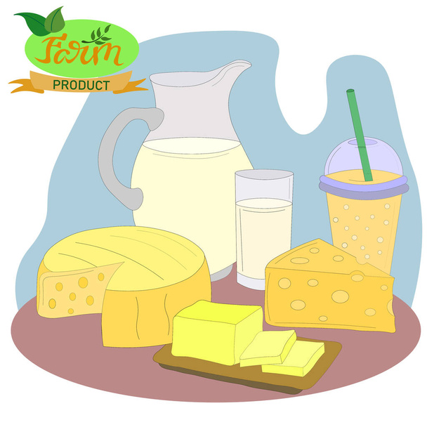 σύνολο γαλακτοκομικών προϊόντων - κανάτα και ποτήρι γάλα, κύκλος τυριού, φέτες και κομμάτι, βούτυρο σε ξύλινη σανίδα και milkshake. Οικολογικό προϊόν, λογότυπο γεωργικών προϊόντων. - Διάνυσμα, εικόνα