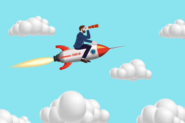 Businessman on a rocket fly through sky. Start up, goal achievement metaphors. Clouds background. Vector illustration - Вектор,изображение