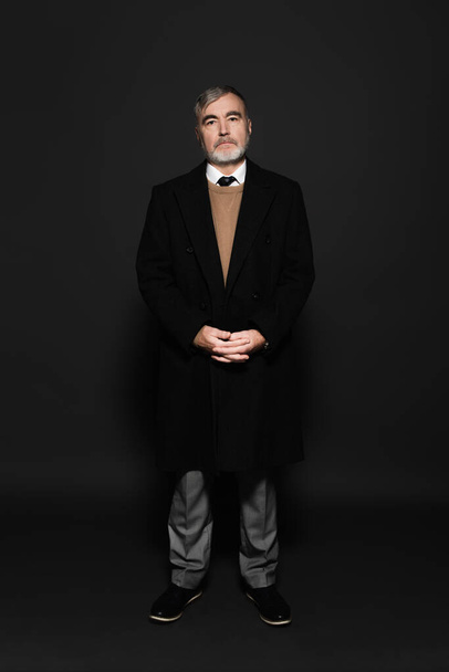 full length view of grey-haired man in stylish coat looking at camera on grey - Valokuva, kuva