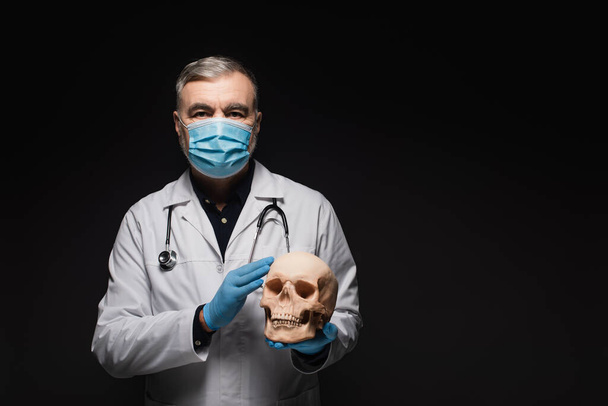 ανώτερος ιατρός με ιατρική μάσκα και γάντια λατέξ που κρατούν το κρανίο απομονωμένο σε μαύρο - Φωτογραφία, εικόνα