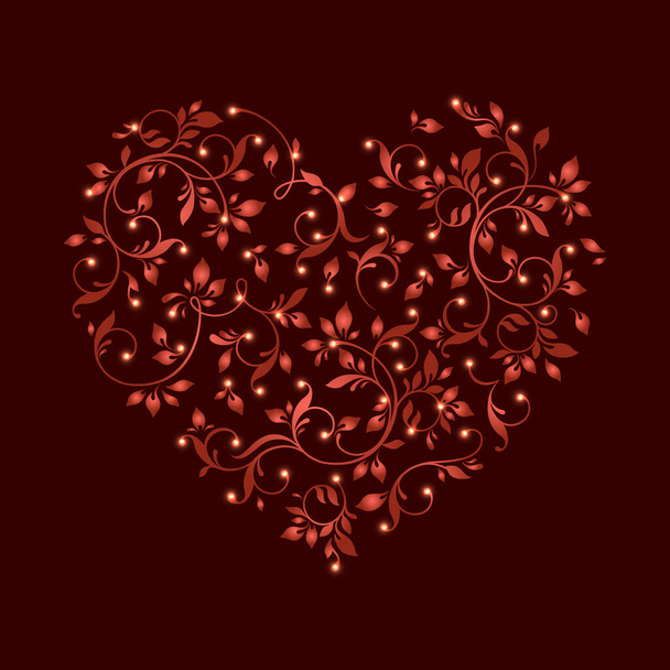 Red heart with glowing lights. Lace heart of floral pattern. Elegant cards.  - Vector, Image