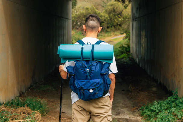 man from his back with backpack hiking - 写真・画像