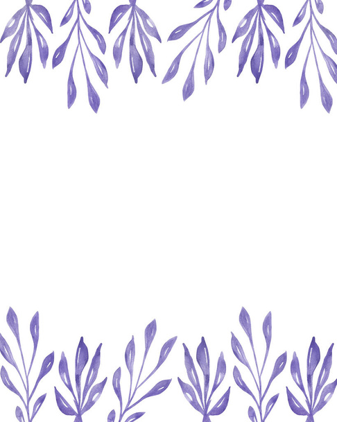 Watercolor hand painted nature floral banner frame with purple leaves on branch composition on the white background for invite and greeting card design with space for text - Photo, image