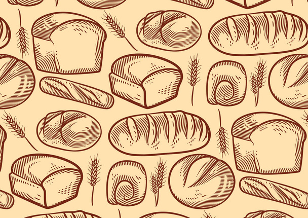 Vintage bakery background with sketched bread vector illustration. Bakery or bakehouse menu - Vector, Imagen