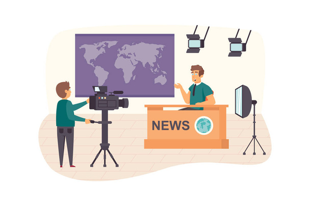 Filming television world news program scene. Operator recording video with man presenter at studio. Journalism, mass media and press concept. Illustration of people characters in flat design - Valokuva, kuva