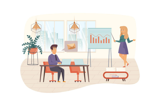 Team of content managers works in office scene. Man writes text on laptop. Woman analyzes website statistics. Content plan, promotion concept. Illustration of people characters in flat design - Fotoğraf, Görsel