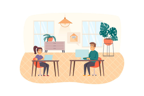 Content managers works in office scene. Man answers letters from clients. Woman working on laptop. Content plan, website promotion concept. Illustration of people characters in flat design - Φωτογραφία, εικόνα