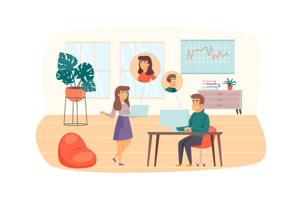 Man and woman make video calls in office scene. Colleagues communicate at video conference at laptop screens. Communication technology concept. Illustration of people characters in flat design - Foto, Imagem