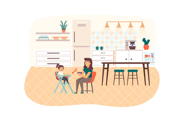 Happy young family with baby scene. Mother feeds her small daughter on highchair. Pregnancy, childhood, maternity and parenthood concept. Illustration of people characters in flat design - Фото, изображение