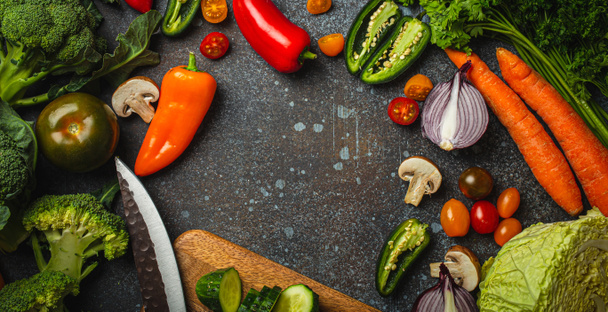 Food cooking background with assorted fresh vegetables on rustic concrete table - Photo, Image