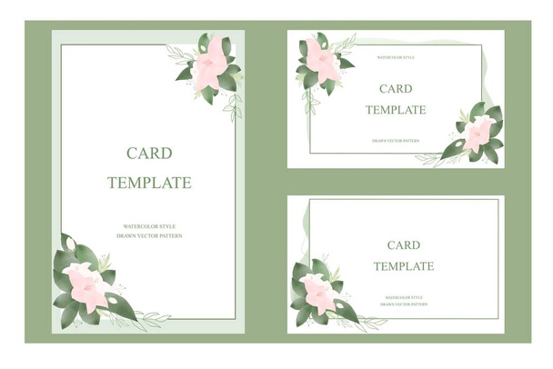 Μια σειρά από καρτ-ποστάλ και προσκλήσεις γάμου, εκτός από ημερομηνία, πρόσκληση, κάρτα. Λεπτές νερομπογιές ροζ αποχρώσεις λουλουδιών με πράσινα φύλλα και κηλίδες νερομπογιάς. Ατομική ηλεκτρονική πρόσκληση με ευμετάβλητο κείμενο. - Διάνυσμα, εικόνα