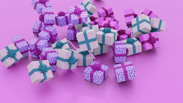 Viele Weihnachtsgeschenke haben einen isolierten Hintergrund. Design. Geschenkboxen mit Weihnachtsgeschenken fallen auf farbigen Hintergrund. 3D-Animation mit fallenden Weihnachtsgeschenken - Foto, Bild