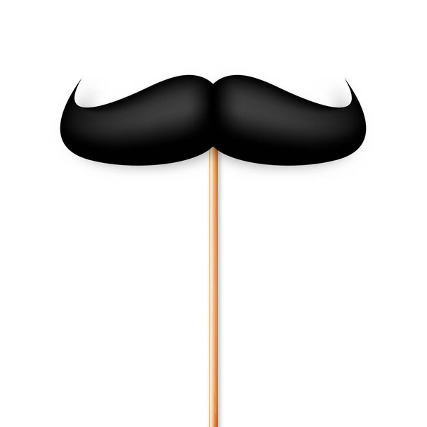 Realistic black mustache on a wooden stick. Fake paper mustache isolated on white background. Fashionable facial hair. Vintage design element. Creative vector illustration. - Vektor, Bild