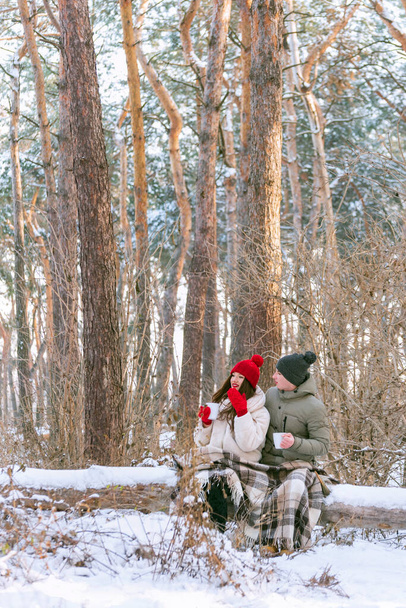 Verliebte unter einer warmen Decke trinken Tee im verschneiten Wald. Junge Männer und Frauen picknickten im Winter im Park. Vertikaler Rahmen. - Foto, Bild