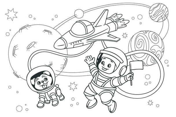Kolorowanka, Kid astronauta z psem astronauta wznosi się w przestrzeni na tle gwiazd i planet. Ilustracja wektora, czarno-biała linia sztuki, kreskówka - Wektor, obraz