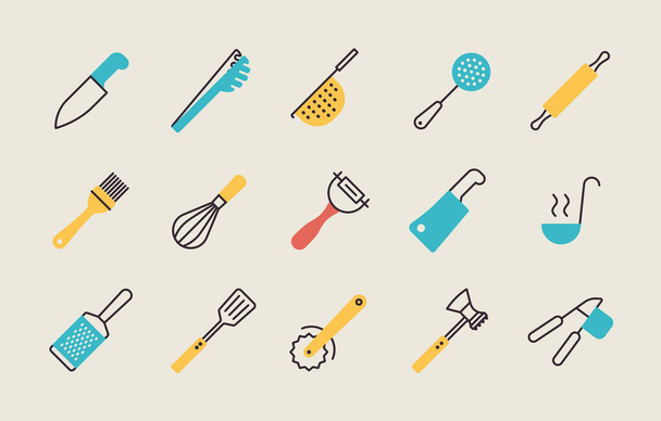 Conjunto de iconos planos de vectores de cocina y vajilla. Símbolo gráfico para cocinar sitio web y aplicaciones de diseño, logotipo, aplicación, interfaz de usuario - Vector, Imagen