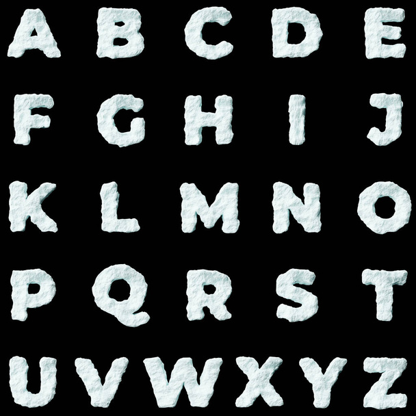 Snow letters alphabet on black background isolated ice rock lime 3D render on a clean black background - Fotografie, Obrázek