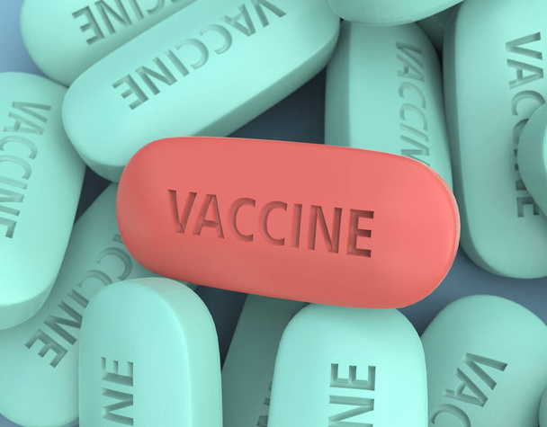 Χάπια με την επιγραφή Εμβόλιο για τη θεραπεία του ιού Coronavirus, Covid-19. 3D απόδοση - Φωτογραφία, εικόνα