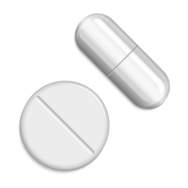 Χάπι και εικονίδιο κάψουλα διανυσματική απεικόνιση. Φάρμακο φάρμακο, κάψουλα και χάπι σύγχρονη 3d Ρεαλιστική Λευκό Ιατρικό χάπι. - Διάνυσμα, εικόνα