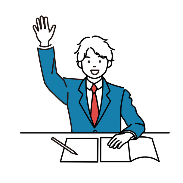 Простая иллюстрация студента мужского пола, поднимающего руку во время занятий - Вектор,изображение