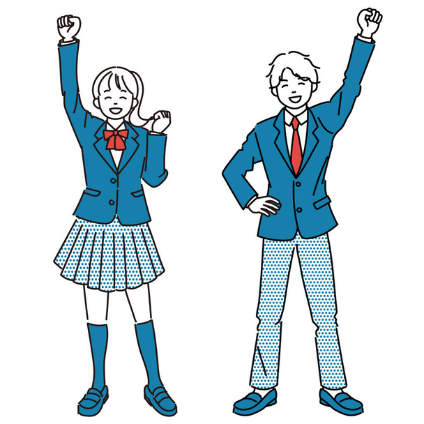 Einfaches Illustrationsset von Studentinnen und männlichen Studenten, die sich freuen, ihre Fäuste in die Höhe zu strecken - Vektor, Bild