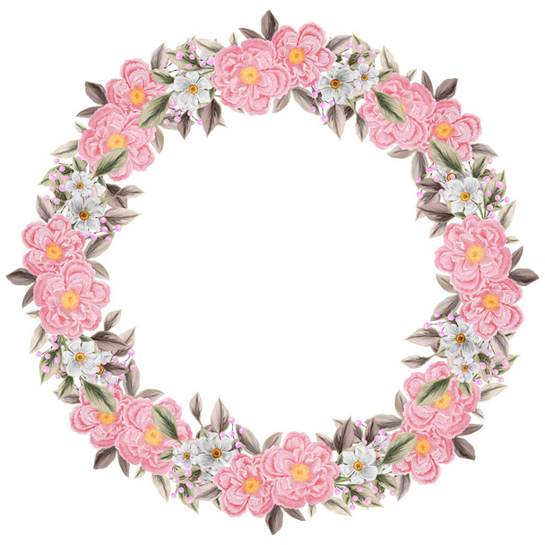 Spring flowers wreath. Isolated clip art element for design of invitations, cards. Arrangement of pink and white wildflowers in the form of a wreath. - Фото, изображение