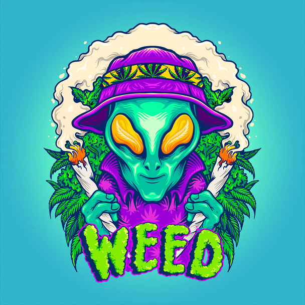 Alien Smoking Summer Cannabis Plants Vector illustrations for your work Logo, mascot merchandise t-shirt, stickers and Label designs, poster, greeting cards advertising business company or brands. - Вектор,изображение