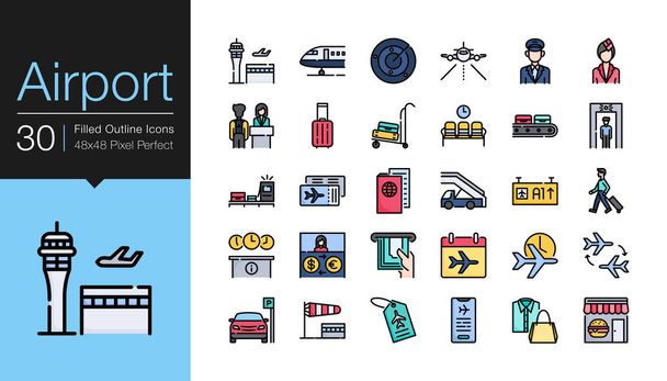 Airport icons. Filled outline design. For presentation, graphic design, mobile application or UI. Vector illustration. - Wektor, obraz