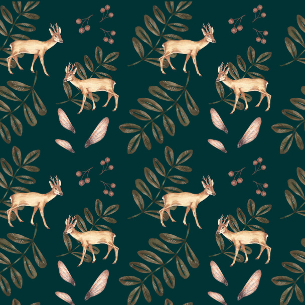 Forest seamless pattern on a dark green background, botanical illustration of linden seeds, rowan leaves, roe deer, for pattern packaging, craft paper - Foto, imagen