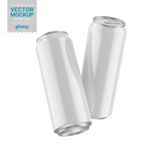 Two white glossy drink cans mockup. Vector illustration. - Вектор,изображение