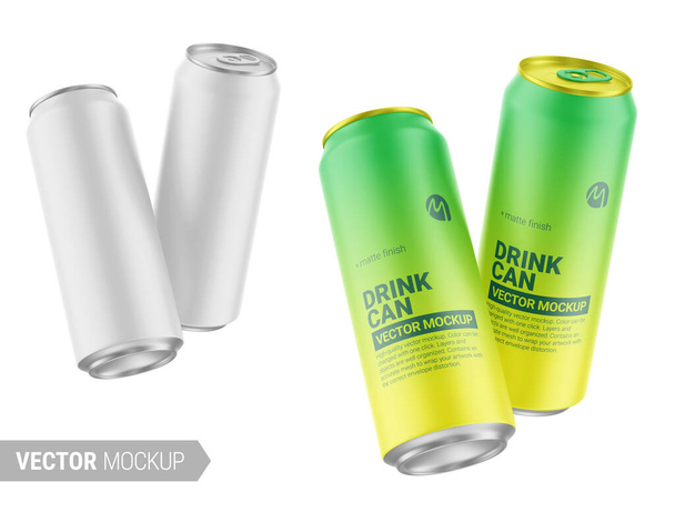 Two white matte drink cans mockup. Vector illustration. - Vektor, Bild