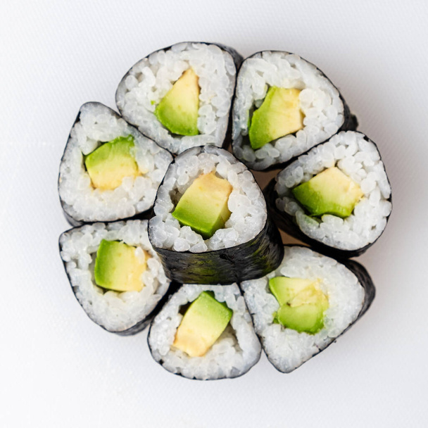 vegan sushi on the white background, top view - Fotoğraf, Görsel