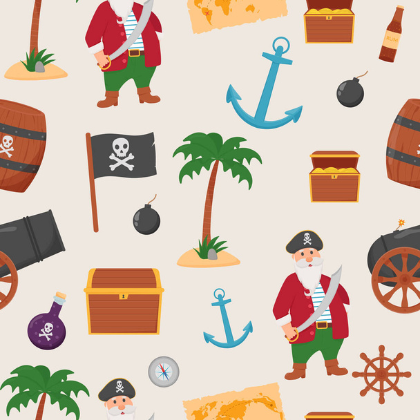 Paquete pirata patrón sin costura. Paquete pirata, mapa del tesoro, ron, rueda del barco, ancla, barril, bomba - Vector, Imagen