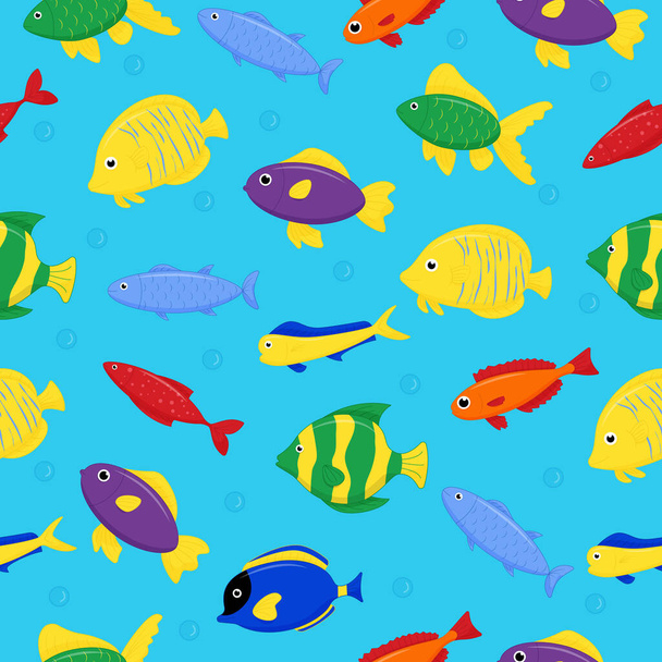 Cute sea fish seamless pattern. Vector cartoon character in ocean. Tropical fish - Vecteur, image