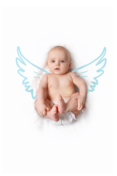Baby boy cupid with blue doodle wings. - Фото, изображение