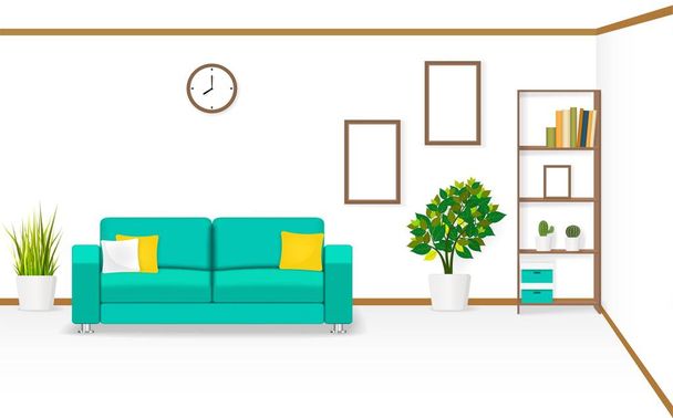 Living room with sofa, pillows, picture frame, shelf, wall clock, cactus, books and grass and tree pot. Flat style. Interior design vector illustration. - Διάνυσμα, εικόνα
