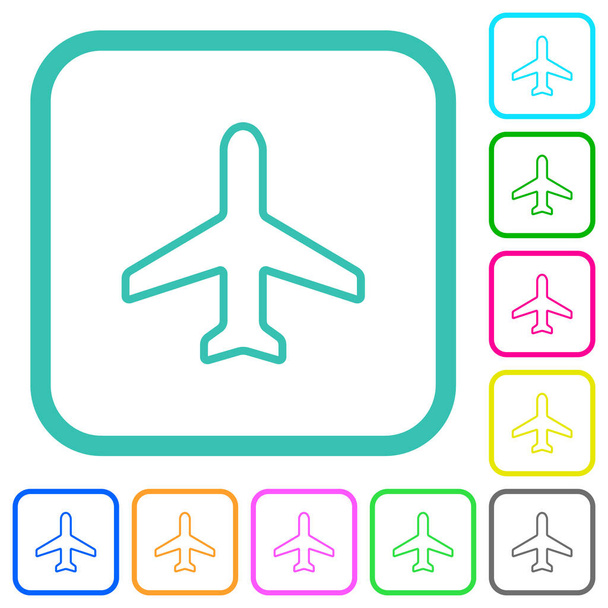 Airplane top view outline vivid colored flat icons in curved borders on white background - Vector, Image