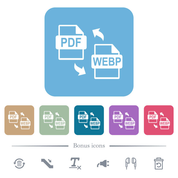 PDF WEBP bestand conversie witte platte pictogrammen op kleur afgeronde vierkante achtergronden. 6 bonus symbolen opgenomen - Vector, afbeelding