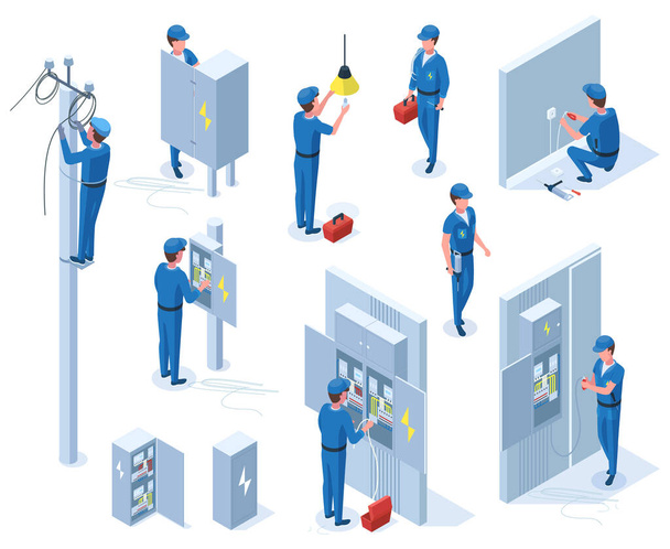 Isometric professional electricians, workers repair power line. Electrician occupation, characters with electrical equipment vector illustration set. Electrician profession - Vector, afbeelding