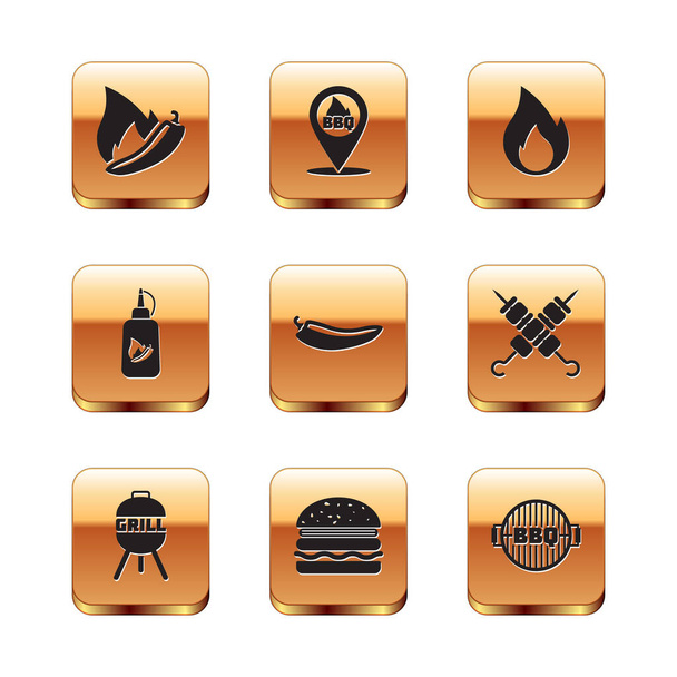 Set Hot chili pepper pod, Barbecue grill, Burger, Ketchup bottle, Fire flame, and Location with barbecue icon. Vector - ベクター画像