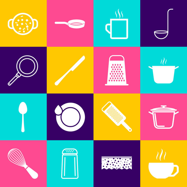 Set Coffee cup, Cooking pot, Knife, Frying pan, soup and Grater icon. Vector - Vector, imagen