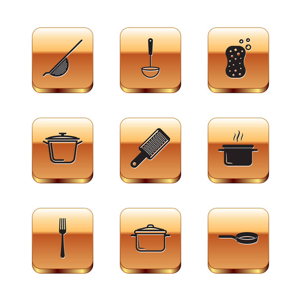 Set Kitchen colander, Fork, Cooking pot, Grater, Sponge with bubbles, Frying pan and ladle icon. Vector - Вектор,изображение
